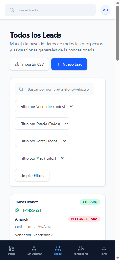 Listado de leads en tarjetas, vista mobile