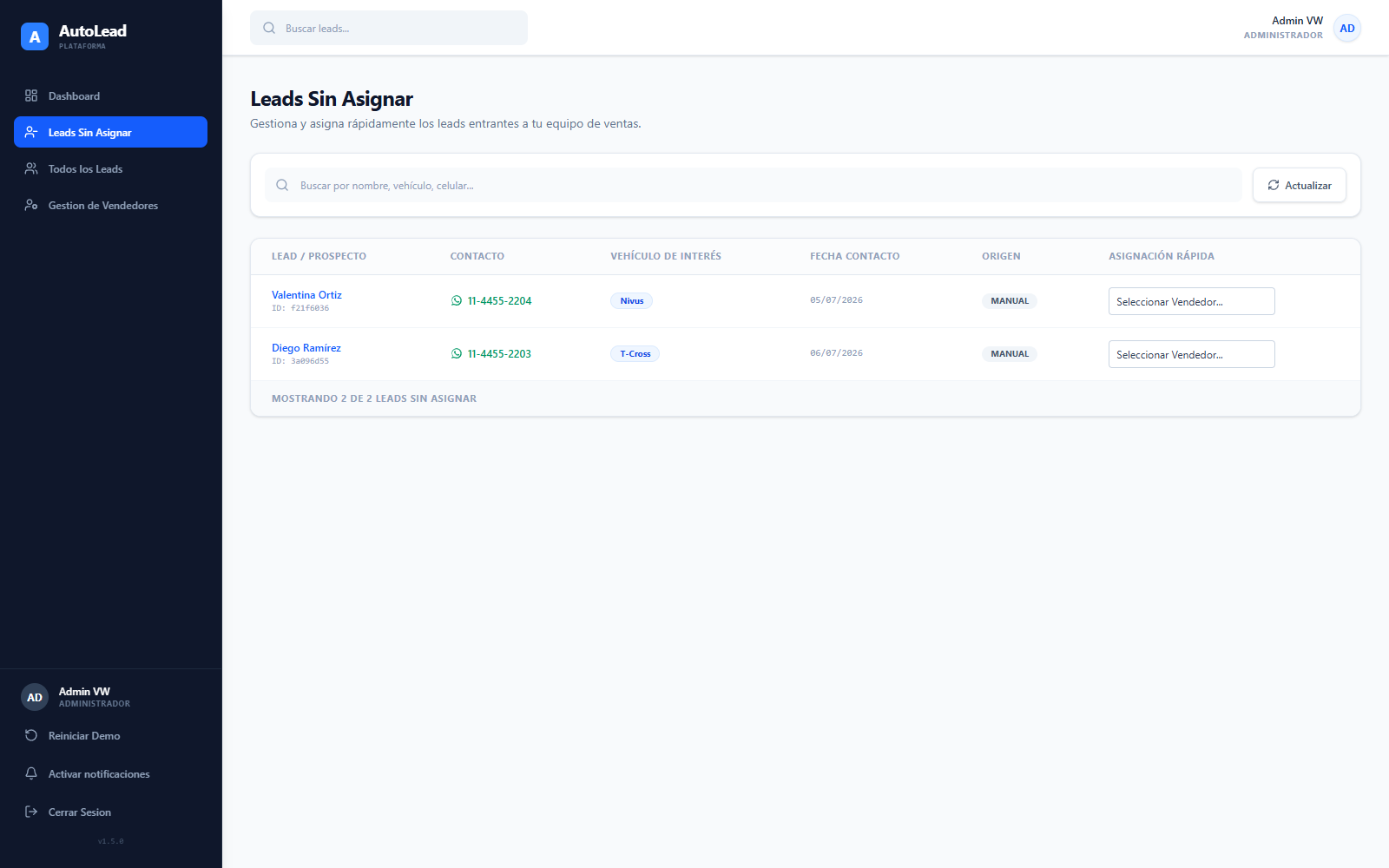 Vista de leads sin asignar con asignación rápida por vendedor